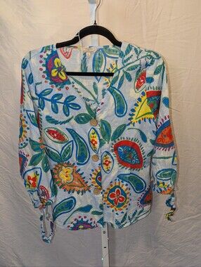 Hester & Orchard Colorful Abstract Floral Paisley Button Front Linen Blouse M